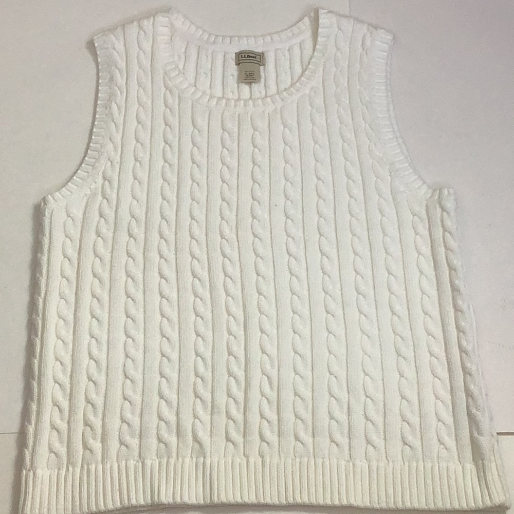 L.L. Bean Woman’s White Cable Knit Sleeveless Sweater 100%Cotton Casual Layering